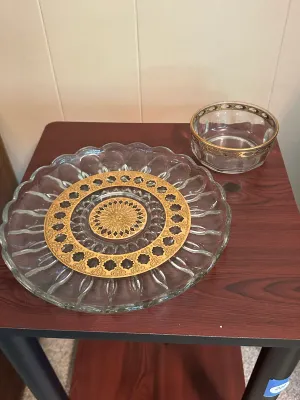 Gold-Decorated Glass Serving Plate & Small Bowl – 2 Pieces
