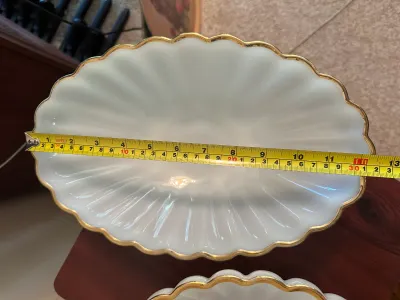White Milk Glass Footed Serving Bowls with Gold Trim – 2 Pieces