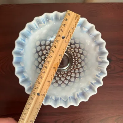 White Opalescent Hobnail Glass Pedestal Bowl with Ruffled Rim