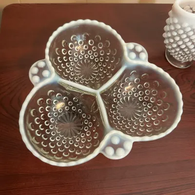 White Opalescent Hobnail Glass Divided Serving Dish & Vase – 2-Piece Lot