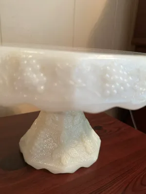 White Milk Glass Pedestal Cake Stand with Grape & Vine Design