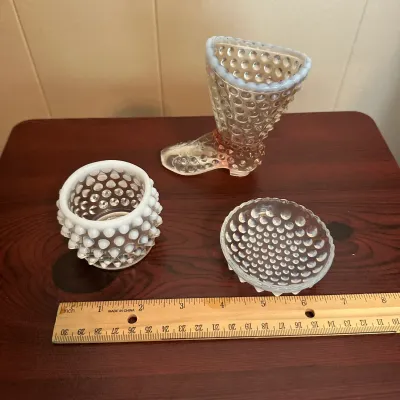 White Opalescent Hobnail Glass Miniatures – 3-Piece Lot