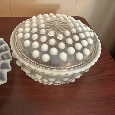 White Opalescent Hobnail Glass Covered Dish & Ruffled Bowl – 2-Piece Lot