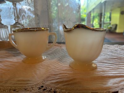 Set of 8 Fire-King Milk Glass Mugs & Saucers with Cream & Sugar