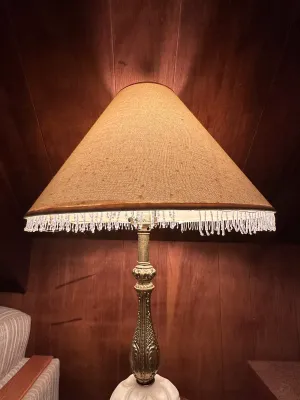 Ornate Gold-Tone & White Table Lamp with Beaded Fringe Shade (A Den)