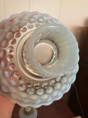 Pair of White Opalescent Hobnail Glass Candleholders