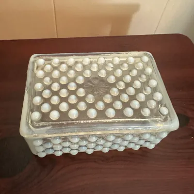 White Opalescent Hobnail Glass Covered Box