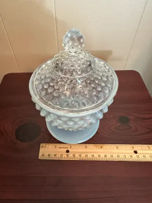Vintage Fenton French Opalescent Hobnail Footed Covered Candy Jar Urn with Lid