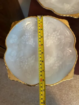 White Milk Glass Grape & Vine Serving Dishes with Gold Trim – 3 Pieces