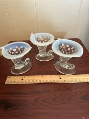 3 White Opalescent Hobnail Glass Cornucopia Vases