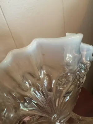 White Opalescent Glass Pedestal Bowl with Ruffled Rim