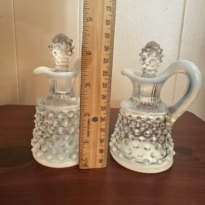 Pair of White Opalescent Hobnail Glass Cruets with Stoppers