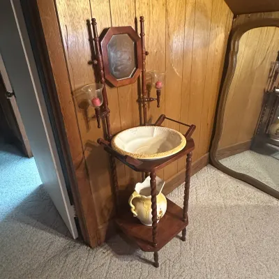 Vintage Victorian-Style Wood Washstand w/ Mirror, Candle Holders, Pitcher & Basin (A1)