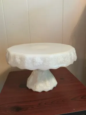 White Milk Glass Pedestal Cake Stand with Grape & Vine Design