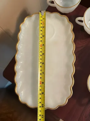 White Milk Glass Snack Sets with Gold Trim – 4 Plates & 4 Cups
