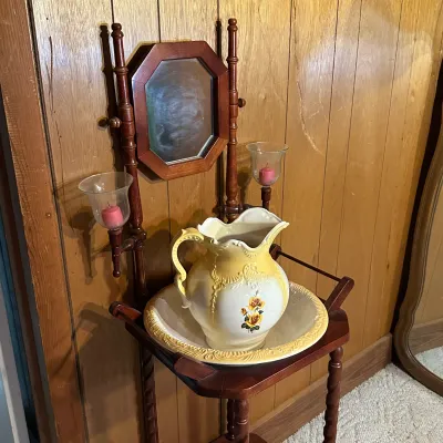 Vintage Victorian-Style Wood Washstand w/ Mirror, Candle Holders, Pitcher & Basin (A1)