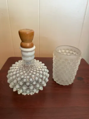 White Opalescent Hobnail Glass Bottle & Frosted Vase – 2-Piece Lot
