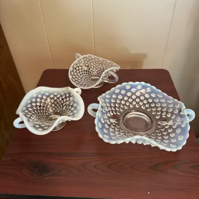 Three-Piece White Opalescent Hobnail Glass Handled Bowl Set