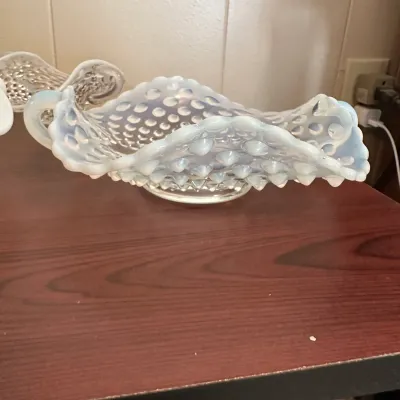 Three-Piece White Opalescent Hobnail Glass Handled Bowl Set