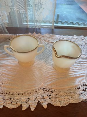 Set of 8 Fire-King Milk Glass Mugs & Saucers with Cream & Sugar