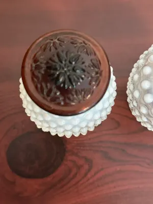 White Opalescent Hobnail Glass Perfume Bottles with Stoppers – Pair