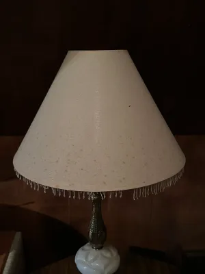 Ornate Gold-Tone & White Table Lamp with Beaded Fringe Shade (A Den)