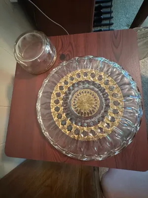 Gold-Decorated Glass Serving Plate & Small Bowl – 2 Pieces