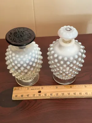 White Opalescent Hobnail Glass Perfume Bottles with Stoppers – Pair