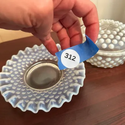 White Opalescent Hobnail Glass Covered Dish & Ruffled Bowl – 2-Piece Lot
