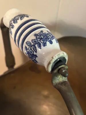 Brass-Tone Coal Scuttle with Blue & White Ceramic Handles