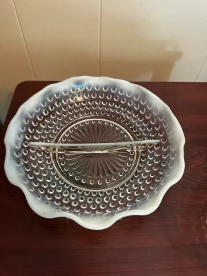 White Opalescent Hobnail Glass Divided Dish & Handled Bowl – 2 Pieces