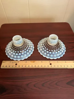 Pair of White Opalescent Hobnail Glass Candleholders