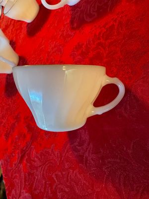 Set of 8 Fire-King Milk Glass Mugs & Saucers with Cream & Sugar