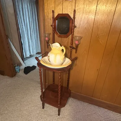 Vintage Victorian-Style Wood Washstand w/ Mirror, Candle Holders, Pitcher & Basin (A1)