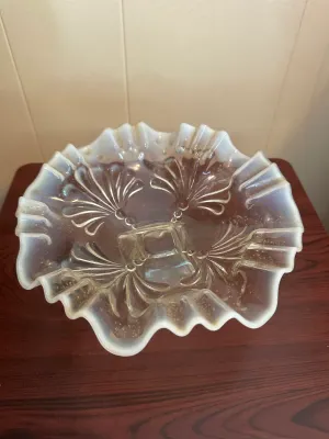 White Opalescent Glass Pedestal Bowl with Ruffled Rim