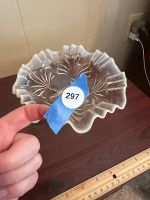 White Opalescent Glass Pedestal Bowl with Ruffled Rim