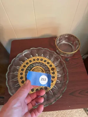 Gold-Decorated Glass Serving Plate & Small Bowl – 2 Pieces