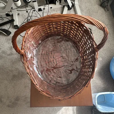 Large Vintage Oval Woven Wicker Basket with Handle and Clear Plastic Liner