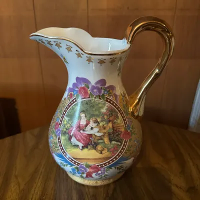 Decorative Floral Pitcher & Rose Bowl – Gold Trim – 2 Pieces (A Den)