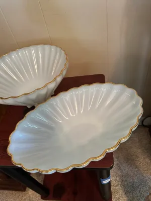 White Milk Glass Footed Serving Bowls with Gold Trim – 2 Pieces