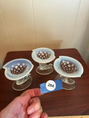 3 White Opalescent Hobnail Glass Cornucopia Vases