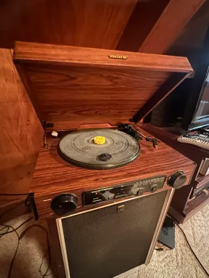 Memorex Record Player & AM/FM Stereo Radio – Wood-Grain Cabinet (A Den)