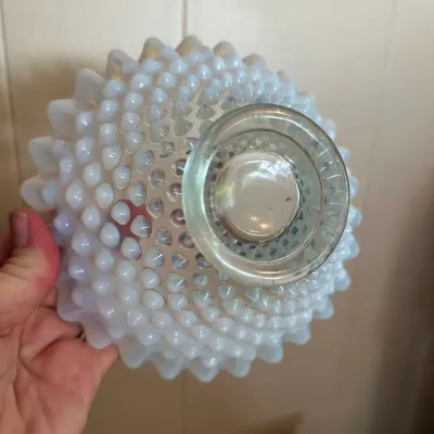 White Opalescent Hobnail Glass Pedestal Bowl with Ruffled Rim