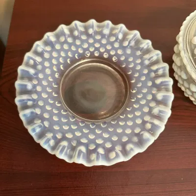 White Opalescent Hobnail Glass Covered Dish & Ruffled Bowl – 2-Piece Lot