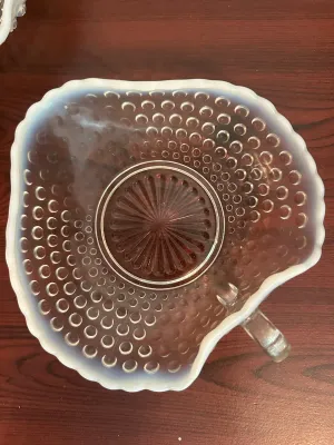 White Opalescent Hobnail Glass Divided Dish & Handled Bowl – 2 Pieces