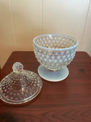 Vintage Fenton French Opalescent Hobnail Footed Covered Candy Jar Urn with Lid