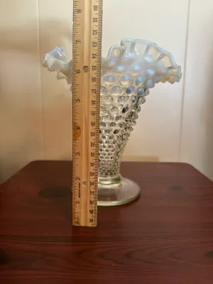 White Opalescent Hobnail Glass Trumpet Vase with Ruffled Rim