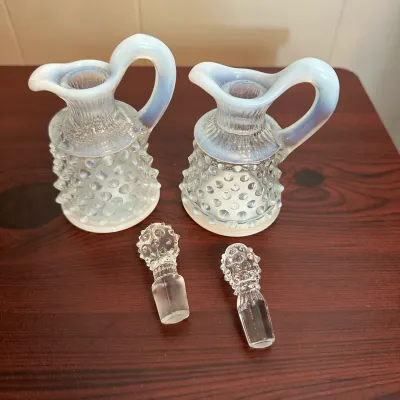 Pair of White Opalescent Hobnail Glass Cruets with Stoppers