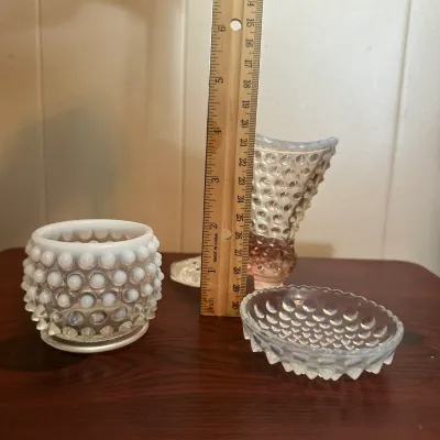 White Opalescent Hobnail Glass Miniatures – 3-Piece Lot