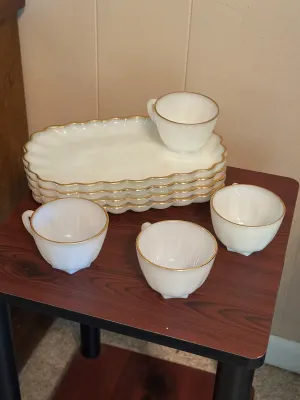 White Milk Glass Snack Sets with Gold Trim – 4 Plates & 4 Cups